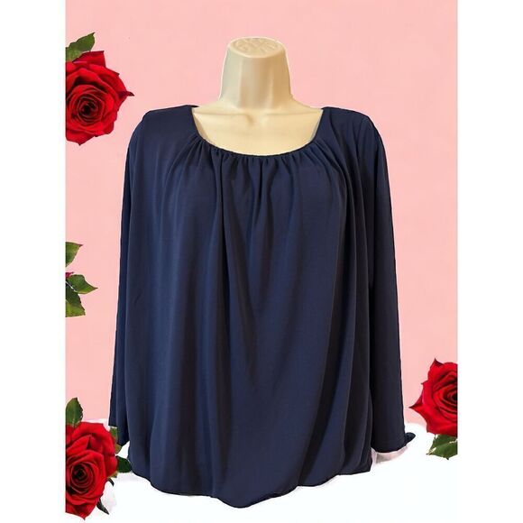 Nine West Navy Blue Long Sleeve Boatneck Metal Clip Womens Blouse Top Size Large - Picture 1 of 9